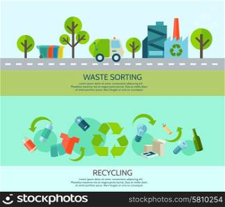 Waste Sorting Banners Set . Waste sorting and recycling horizontal banners set with materials and factory flat isolated vector illustration