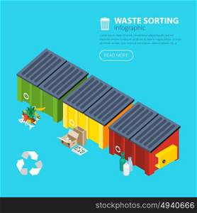 Waste Sorting Isometric Poster. Waste sorting isometric poster of three special garbage containers for food cardboard and glass vector illustration
