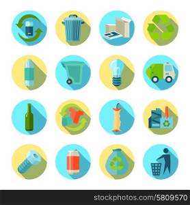 Waste Sorting Round Icons Set . Waste sorting and reduction round icons set with recycling factory flat isolated shadow vector illustration