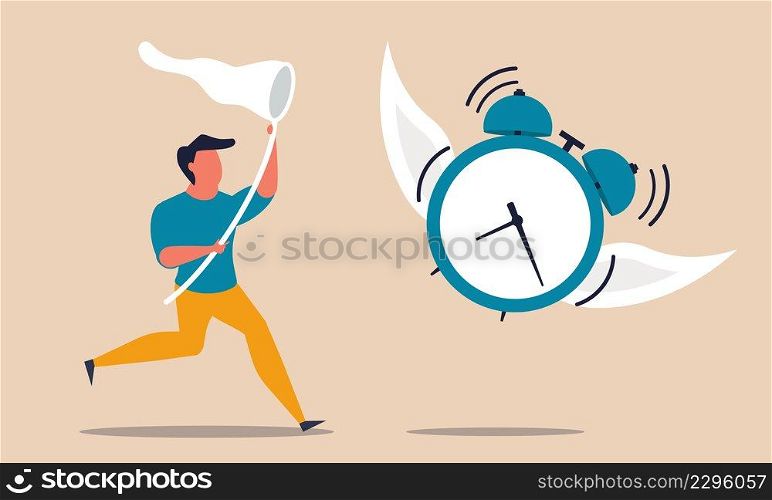 Waste time achievement and catch precious alarm clock. Management control and schedule work vector illustration concept. Organization task and business deadline chasing. Efficiency progress career