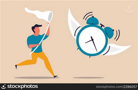 Waste time achievement and catch precious alarm clock. Management control and schedule work vector illustration concept. Organization task and business deadline chasing. Efficiency progress career