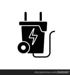 Waste-to-energy black glyph icon. Energy-from-waste. Processing into fuel source. Garbage and trash. Energy generation process. Silhouette symbol on white space. Vector isolated illustration. Waste-to-energy black glyph icon