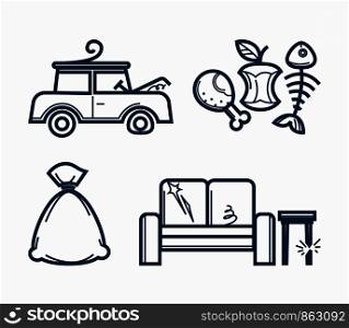 Wasted products, dirty trash and broken things set. Old car, food remnants, pack of rubbish and spoiled furniture. Useless garbage isolated cartoon flat monochrome vector illustrations collection.. Wasted products, dirty trash and broken things set