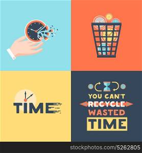 Wasted Time 4 Flat Icons Square . Wasted time concept 4 flat icons square with useless activities trash basket and clock symbols vector illustration
