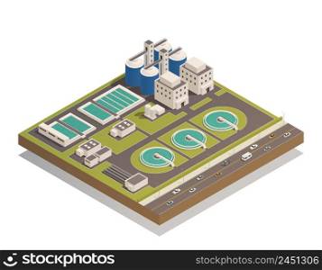 Wastewater sewage and water cleaning purification treatment plant with pumping filtration separators and aerotanks facilities vector illustration . Waste Water Cleaning Isometric Composition