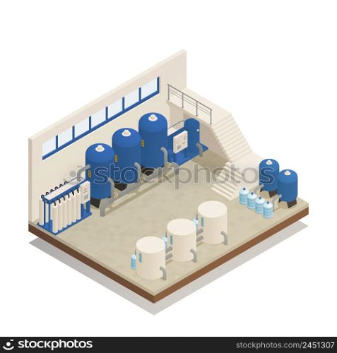 Wastewater sewage and water purification cleaning treatment plant pumping and filtration facility isometric composition vector illustration . Water Cleaning Facility Isometric Composition