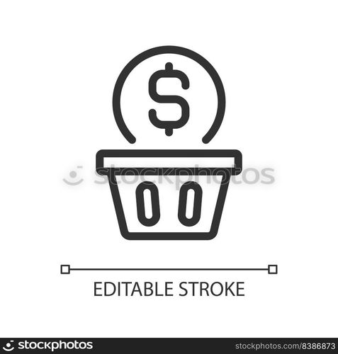 Wasting money pixel perfect linear icon. Spending cash when shopping. Impulsive shopper. Overspending. Thin line illustration. Contour symbol. Vector outline drawing. Editable stroke. Arial font used. Wasting money pixel perfect linear icon