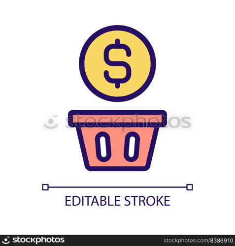 Wasting money pixel perfect RGB color icon. Spending cash when shopping. Impulsive shopper. Overspending. Isolated vector illustration. Simple filled line drawing. Editable stroke. Arial font used. Wasting money pixel perfect RGB color icon
