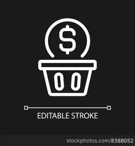 Wasting money pixel perfect white linear icon for dark theme. Spending cash when shopping. Impulsive shopper. Thin line illustration. Isolated symbol for night mode. Editable stroke. Arial font used. Wasting money pixel perfect white linear icon for dark theme