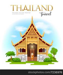 Wat Phra Singh Waramahavihan, Chiang Mai, Thailand travel Buddhist Temple and Historic Site design background, vector illustration