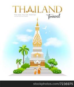 Wat Phra That Phanom, Nakhon Phanom Province, beautiful of Thailand Holy place, With welcoming monks and novices design, background, vector illustration
