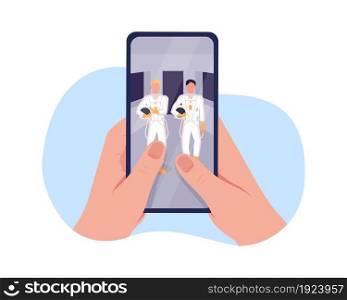 Watch cosmonauts on smartphone 2D vector isolated illustration. Astronaut crew on display. Holding mobile phone flat first view hands on cartoon background. Broadcasting space mission colourful scene. Watch cosmonauts on smartphone 2D vector isolated illustration
