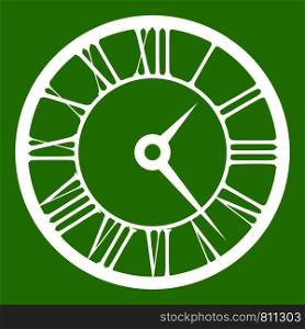 Watch icon white isolated on green background. Vector illustration. Watch icon green