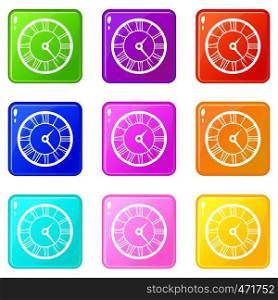 Watch icons of 9 color set isolated vector illustration. Watch icons 9 set