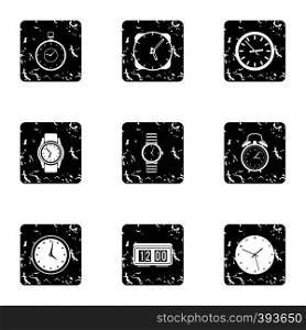 Watch icons set. Grunge illustration of 9 watch vector icons for web. Watch icons set, grunge style
