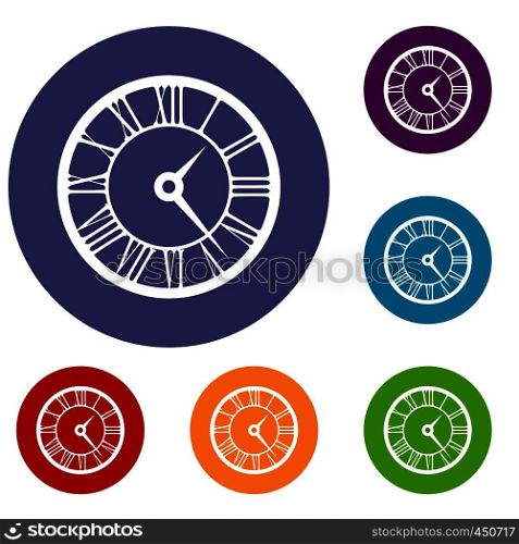 Watch icons set in flat circle reb, blue and green color for web. Watch icons set