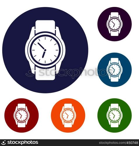 Watch icons set in flat circle reb, blue and green color for web. Watch icons set
