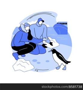Watch penguins isolated cartoon vector illustrations. Young couple watching penguins in Antarctica, exotic destination, tourism business, adventure tour, people traveling vector cartoon.. Watch penguins isolated cartoon vector illustrations.