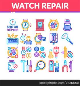 Watch Repair Service Collection Icons Set Vector. Watch Change Display Glass And Mechanical Gear, Instrument And Magnifier Concept Linear Pictograms. Color Illustrations. Watch Repair Service Collection Icons Set Vector