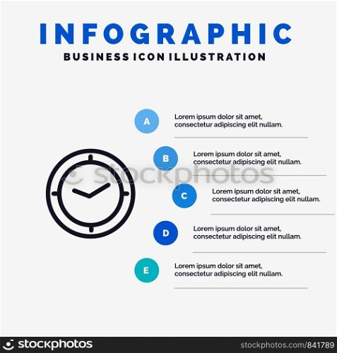 Watch, Time, Timer, Clock Line icon with 5 steps presentation infographics Background
