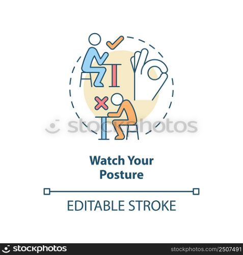 Watch your posture concept icon. Keep elbows off table. Restaurant etiquette abstract idea thin line illustration. Isolated outline drawing. Editable stroke. Arial, Myriad Pro-Bold fonts used. Watch your posture concept icon