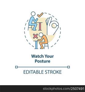 Watch your posture concept icon. Keep elbows off table. Restaurant etiquette abstract idea thin line illustration. Isolated outline drawing. Editable stroke. Arial, Myriad Pro-Bold fonts used. Watch your posture concept icon