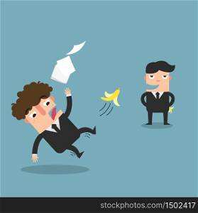 Watch your step. Businessman slipping on a banana peel isolated illustration vector