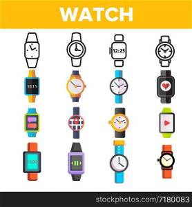 Watches, Gadgets Vector Thin Line Icons Set. Watches, Mechanical, Electronic Mechanisms Linear Pictograms. Modern Digital Devices with Geolocation, SMS Chatting Functions Color Flat Illustrations. Watches, Gadgets Vector Thin Line Icons Set