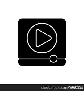 Watching ads black glyph icon. Multimedia entertainment, video advertisements in mobile games. Content marketing silhouette symbol on white space. Media player interface vector isolated illustration. Watching ads black glyph icon