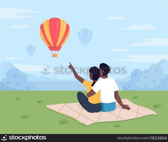 Watching air balloons flat color vector illustration. Boyfriend and girlfriend sitting on blanket. Rest and recreation outdoors. Couple on picnic 2D cartoon characters with cloudscape on background. Watching air balloons flat color vector illustration