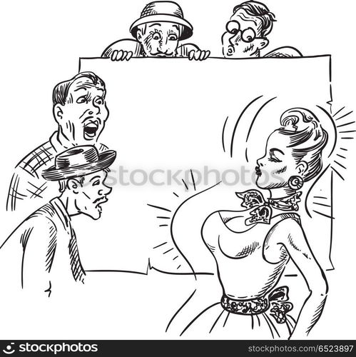 Watching beauty.. Creative conceptual vector. Men looking at the beautiful woman.