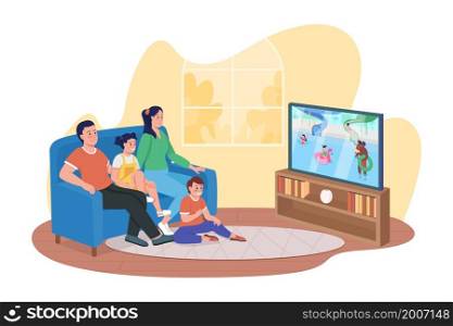 Watching entertainment program 2D vector isolated illustration. Smiling family members sitting on couch flat characters on cartoon background. Spending time together at home colourful scene. Watching entertainment program 2D vector isolated illustration