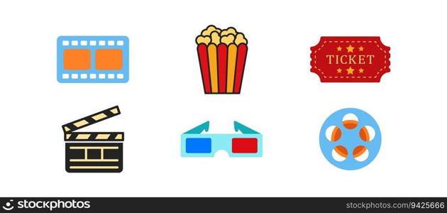 Watching movie icon set on white background. Weekend, leisure concept. Red-yellowed backet of popcorn, blue 3D glasses signs. Media entertainment symbol. Colored flat design. Vector illustration. Watching movie icon set on white background. Weekend, leisure concept. Red-yellowed backet of popcorn, blue 3D glasses signs. Media entertainment symbol. Colored flat design. Vector illustration. 