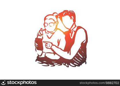 Watching online together concept. The young man learns to use phone the old woman concept. Hand drawn sketch isolated illustration.. The young man learns to use phone the old woman concept. Hand drawn sketch isolated illustration