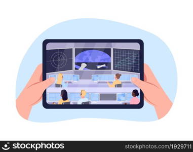 Watching space station video 2D vector isolated illustration. Holding tablet flat first view hands on cartoon background. Broadcasting live translation from satellite colourful scene. Watching space station video 2D vector isolated illustration