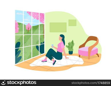 Watching spring flowers through home window 2D vector web banner, poster. Woman sitting in living room flat character on cartoon background. Springtime printable patch, colorful web element. Watching spring flowers through home window 2D vector web banner, poster
