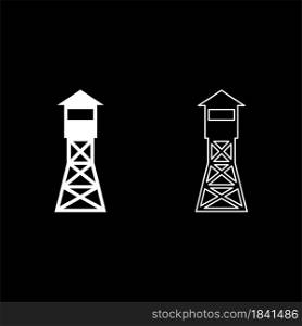 Watching tower Overview forest ranger fire site icon white color vector illustration flat style simple image set. Watching tower Overview forest ranger fire site icon white color vector illustration flat style image set