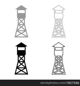 Watching tower Overview forest ranger fire site set icon grey black color vector illustration flat style simple image. Watching tower Overview forest ranger fire site set icon grey black color vector illustration flat style image