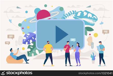 Watching Video Content in Social Network, Distant Learning Flat Vector Concept. People Using Cellphones, Chatting and Messaging Online, Educating and Entertaining with Science Movies in Internet