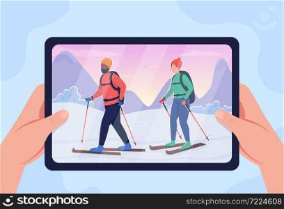 Watching video on skiing flat color vector illustration. Couple doing winter activity together. Seasonal training. Holding tablet 2D cartoon first view hand with broadcast on background. Watching video on skiing flat color vector illustration
