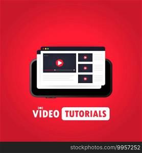 Watching video on smart phone illustration. Distance education concept. Webinar, video tutorial, online streaming. Vector on isolated background. EPS 10