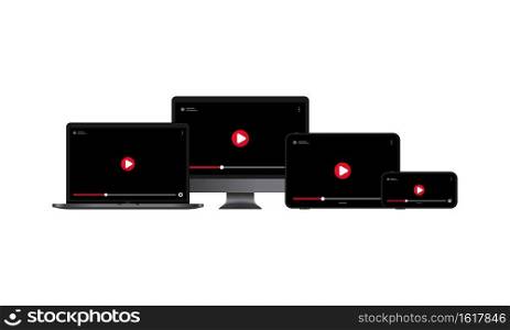 Watching video online illustration. Computer monitor, laptop, tablet and smartphone display with pause button. Vector EPS 10. Isolated on white background.. Watching video online illustration. Computer monitor, laptop, tablet and smartphone display with pause button. Vector EPS 10. Isolated on white background