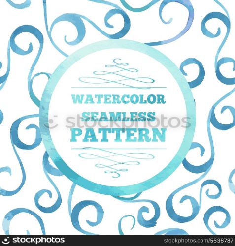 Watecrolor text template over seamless blue pattern. Vector illustration.