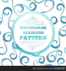 Watecrolor text template over seamless blue pattern. Vector illustration.