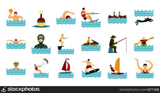Water activities icon set. Flat set of water activities vector icons for web design isolated on white background. Water activities icon set, flat style