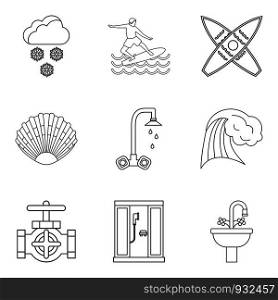 Water activity icons set. Outline set of 9 water activity vector icons for web isolated on white background. Water activity icons set, outline style