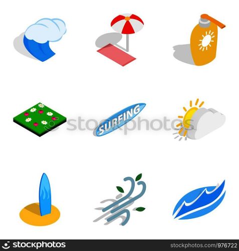 Water adventure icons set. Isometric set of 9 water adventure vector icons for web isolated on white background. Water adventure icons set, isometric style