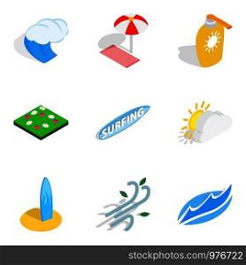 Water adventure icons set. Isometric set of 9 water adventure vector icons for web isolated on white background. Water adventure icons set, isometric style