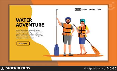 Water Adventure Tourists Sport Equipment Vector. Man And Woman Sportsman Wear Safety Vest And Helmet Hold Rafting Paddle Sportive Tool For Water Adventure. Characters Web Flat Cartoon Illustration. Water Adventure Tourists Sport Equipment Vector