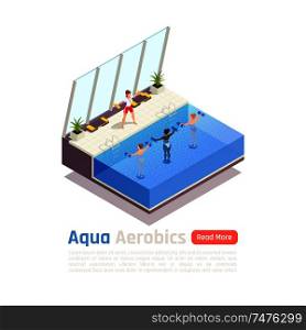 Water aerobic calories burning training isometric composition with aqua dumbbells exercise in modern swimming pool vector illustration